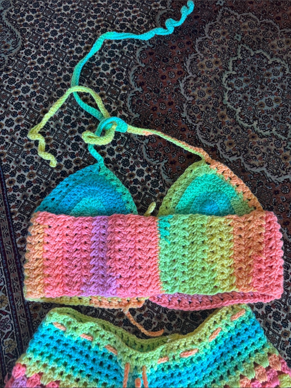 Handmade Crochet Bikini Top & Skirt Set - Neon Rainbow - Picture 3 of 4